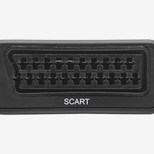 Svart SCART till HDMI-konverter med markerad HDMI-utgång och blå text på ovansidan.
