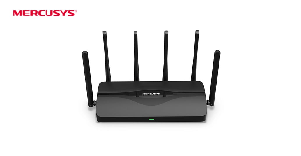 Mercusys MR47BE router med sex antenner, svart design.