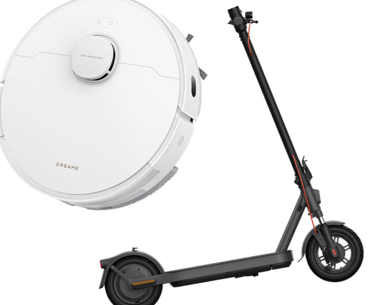 Svart Xiaomi-elsparkcykel och en vit Dreame-robotdammsugare.