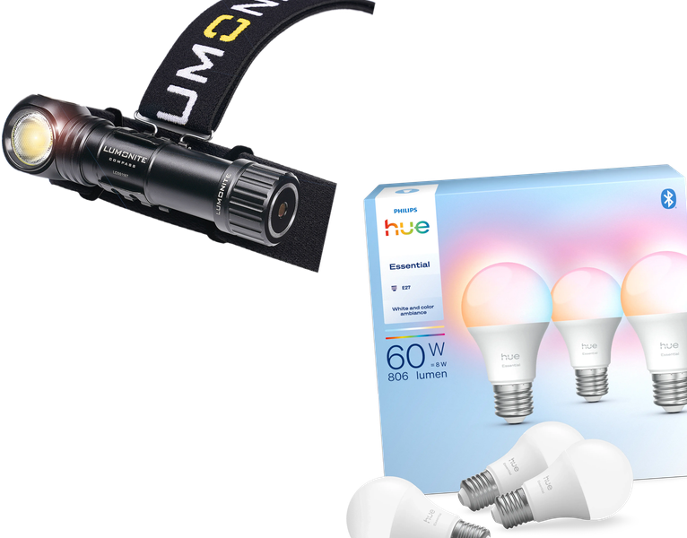 Lumonite-pannlampa och en förpackning Philips Hue-lampor.