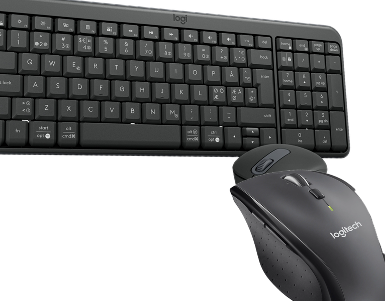 Svart Logitech-tangentbord och en trådlös Logitech-mus.