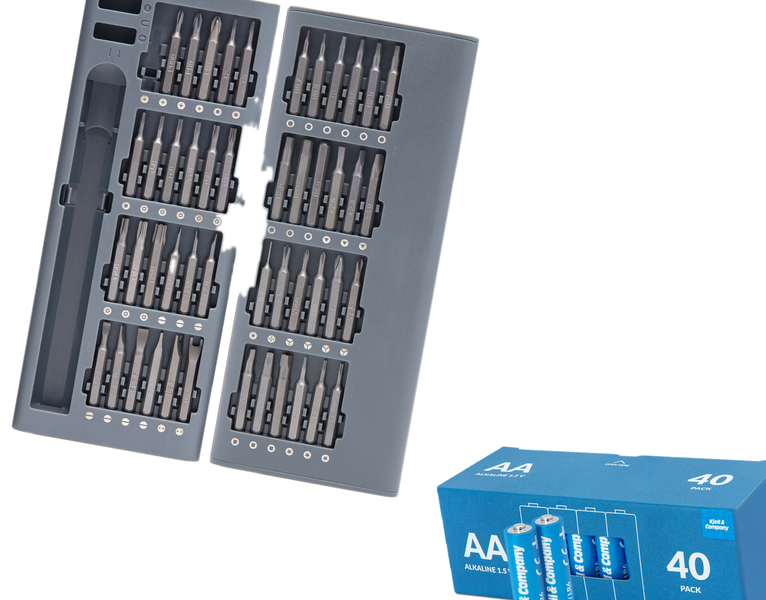 Skruvmejselset med 48 bits och en förpackning AA-batterier.