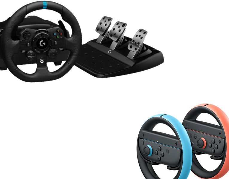 Logitech-ratt med pedaler och två Joy-Con-rattar i blått och rött.