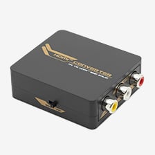 Svart HDMI-konverterare med guldtext och tre RCA-utgångar i vitt, rött och gult på sidan.