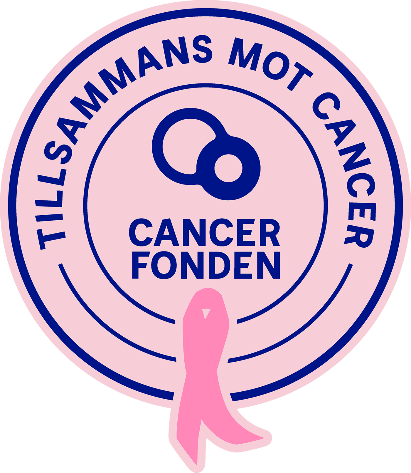 Rosa emblem med texten ”Tillsammans mot cancer” och ”Cancerfonden”, samt ett rosa band i nedre delen.