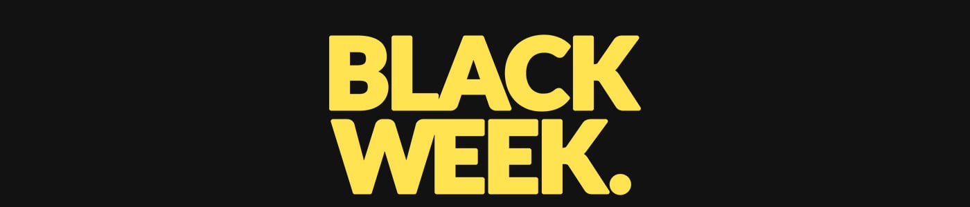 Gul text "BLACK WEEK." i versaler på svart bakgrund, används som kampanjbild för rea.