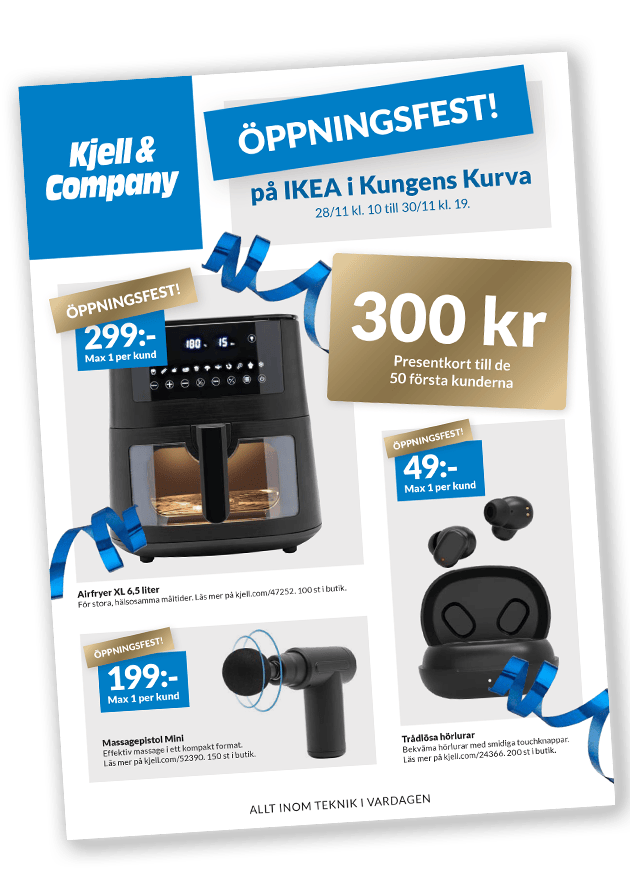 Broschyr med öppningserbjudanden på IKEA Kungens Kurva – bland annat airfryer, hörlurar och massagepistol