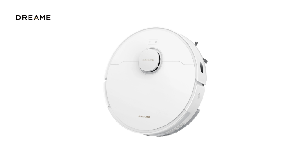 Svart robotdammsugare från Roborock med centralt placerad sensor och logotyp.