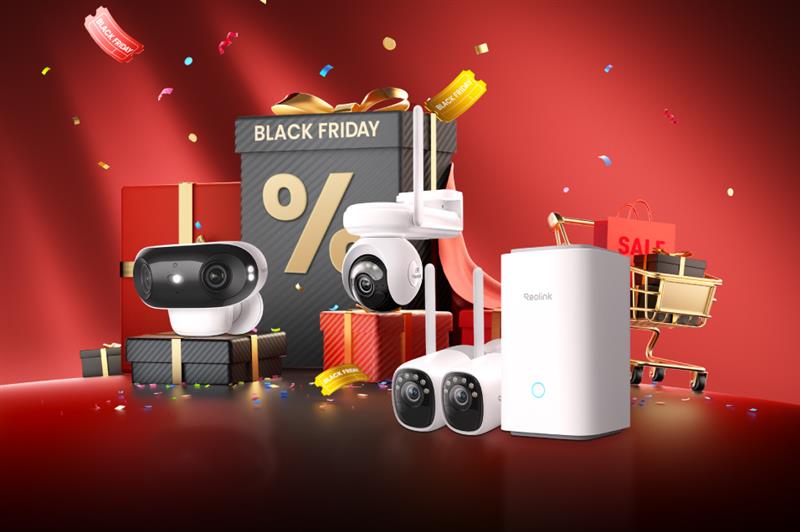 Overvåkningskameraer fra Reolink foran gaveesker og konfetti, med teksten "Black Friday %" i bakgrunnen.
