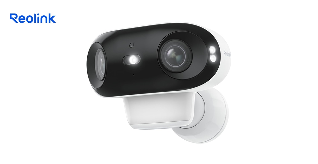 Svart-hvitt Reolink-utendørskamera med doble linser og innebygde LED-lys, veggmontert design.