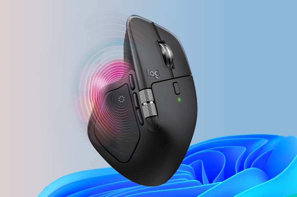 Logitech MX Master 4 trådløs mus med haptic-feedback-effekt mot Windows 11-bakgrunn.