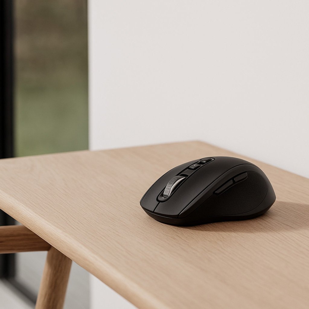 Svart trådlös datormus med scrollhjul och sidoknappar på ljust träbord.