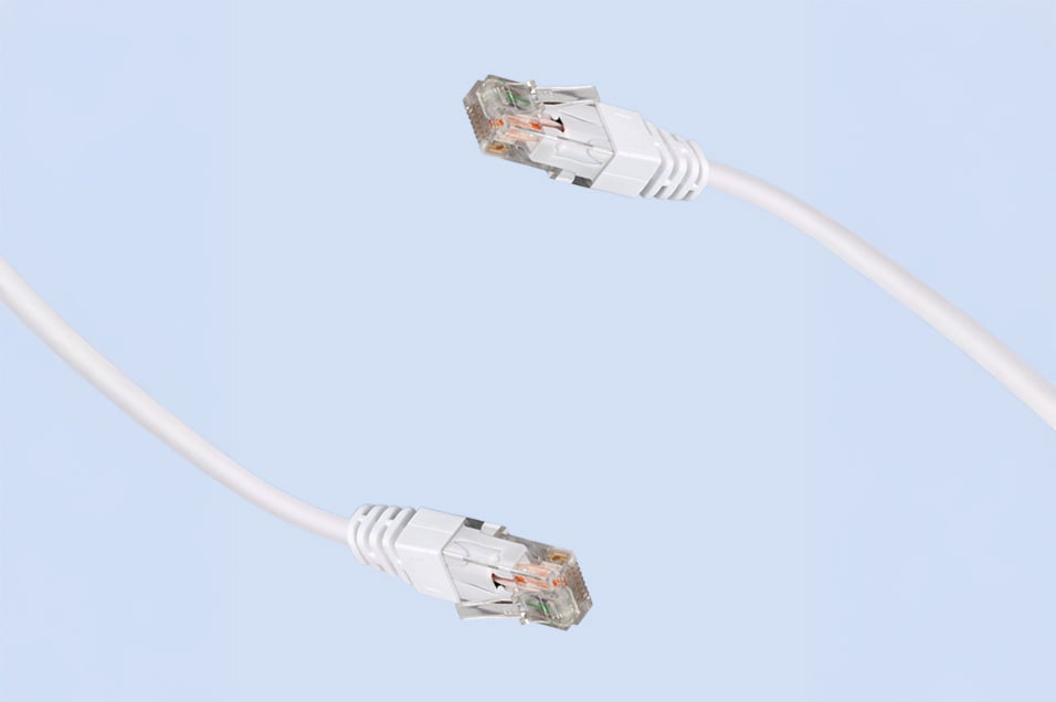 Två vita nätverkskablar med genomskinliga RJ45-kontakter mot ljusblå