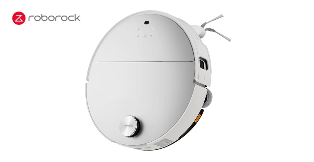 Vit robotdammsugare från Roborock med rund design och diskret kontrollpanel ovanpå.
