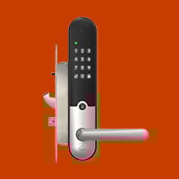 Smart dörrlås i silver med kodpanel och handtag mot orange bakgrund
