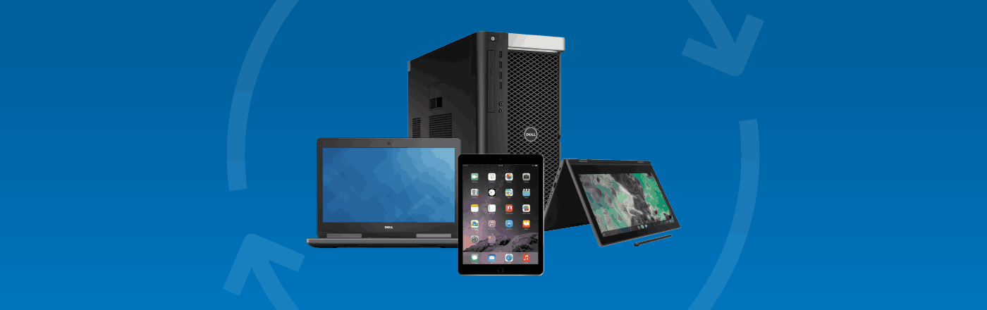 En laptop, en stationär dator samt en surfplatta på en blå bakgrund