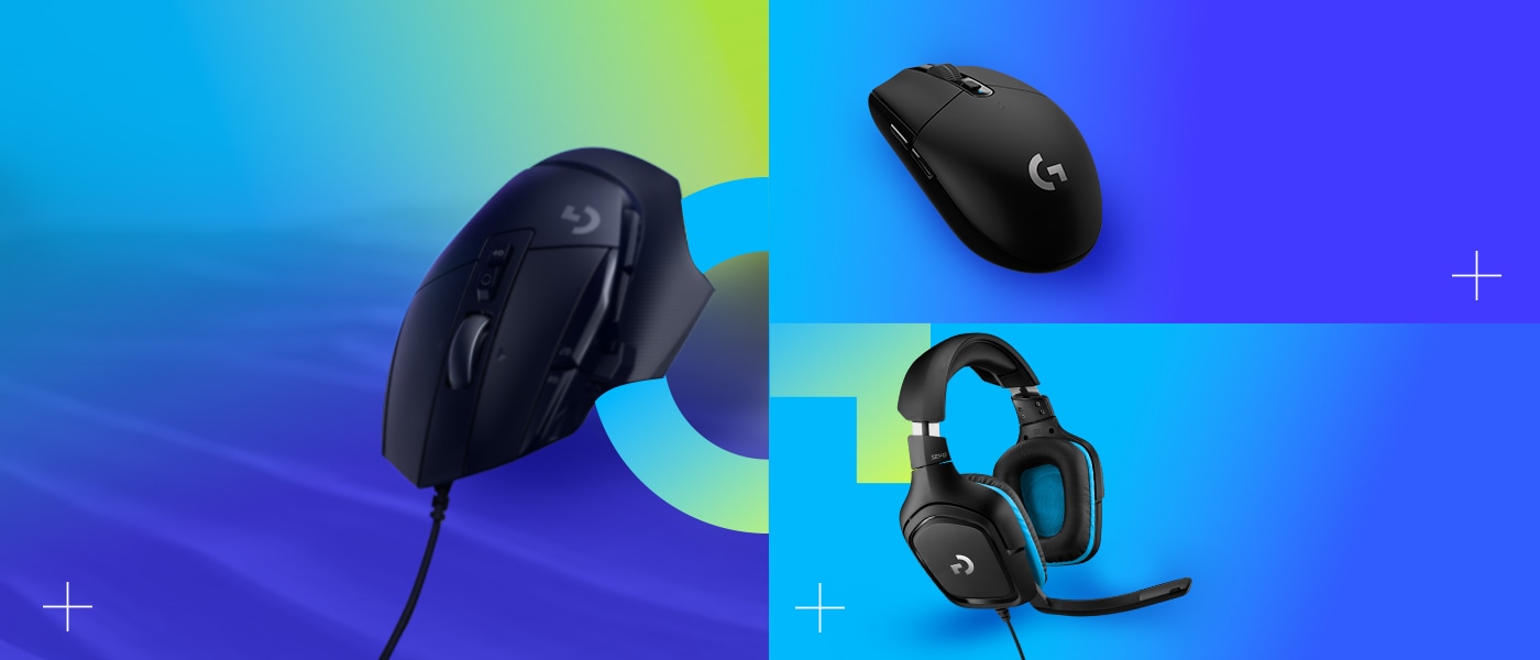Tre svarte gamingprodukter fra Logitech: en kablet mus, en trådløs mus og et headset mot blågrønn bakgrunn.