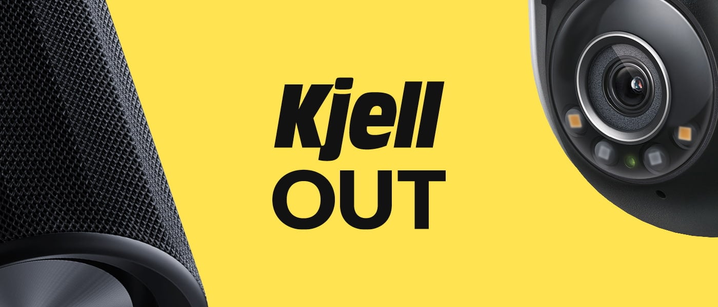 Gul bakgrund med texten "Kjell OUT", flankeras av svart högtalargaller till vänster och övervakningskamera till höger.