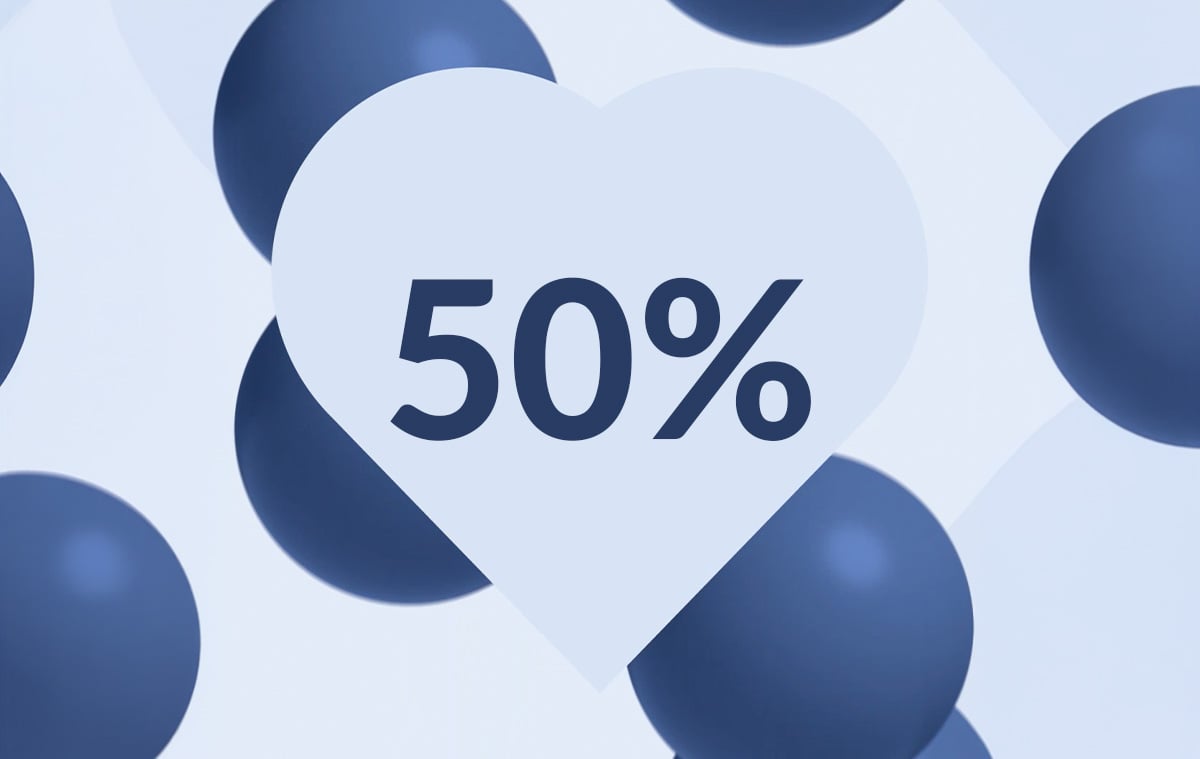 Ljusblå bakgrund med flera mörkblå ballonger över och texten 50% i mitten av bilden.