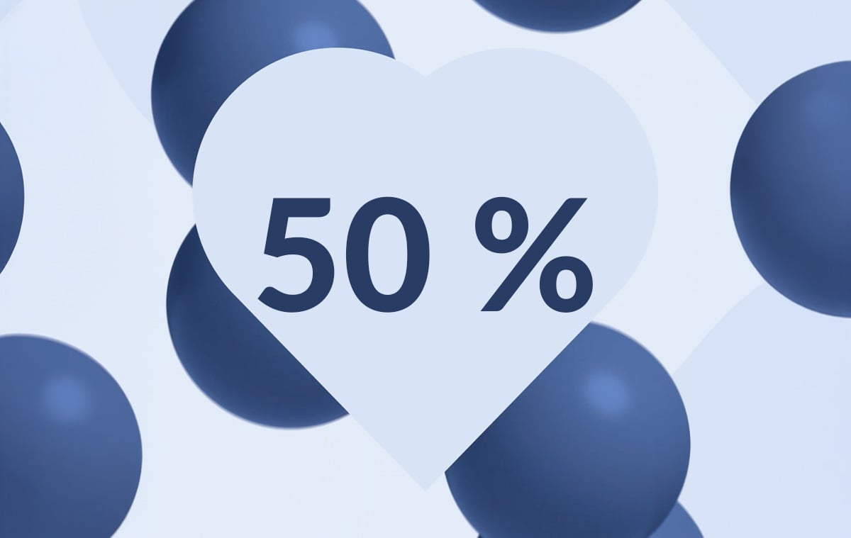 Lyseblå bakgrunn med flere mørkeblå ballonger over og teksten 50 % i midten av bildet.
