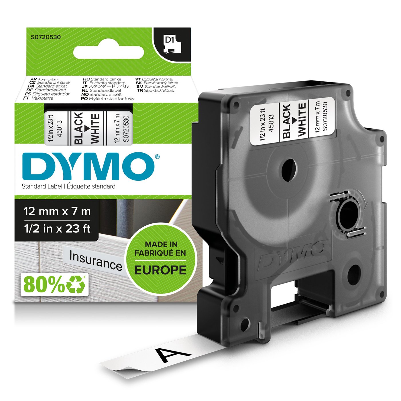 Dymo D1-merketape 12 mm Hvit
