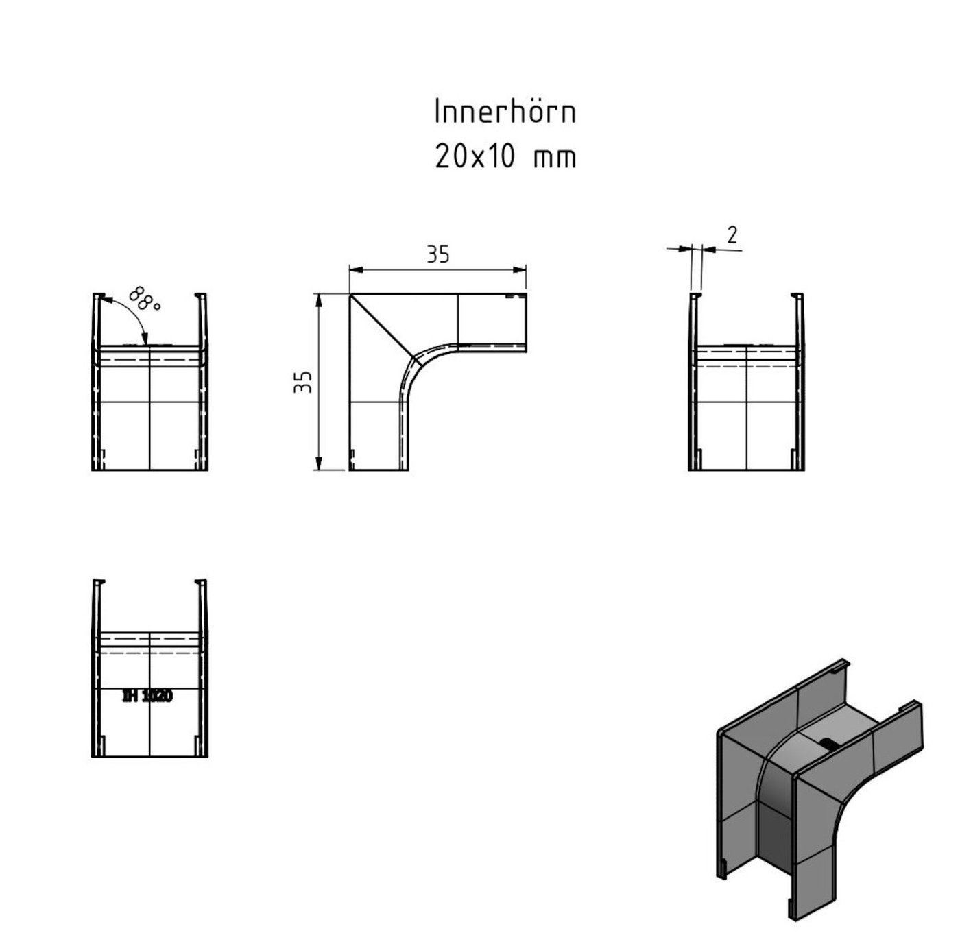 Innerhjørne for kabelkanal 20x10 mm