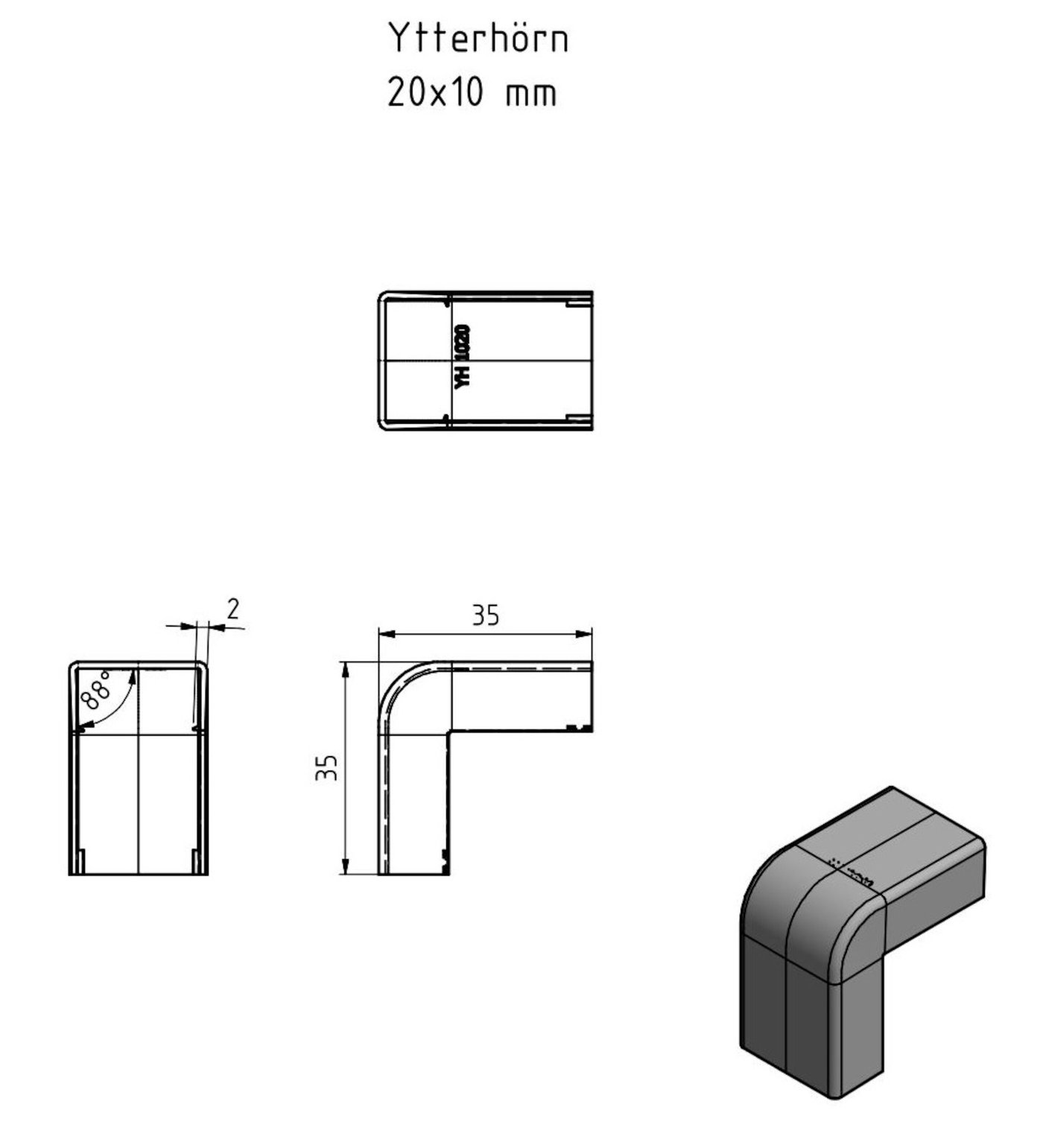 Ytterhjørne for kabelkanal 20x10 mm