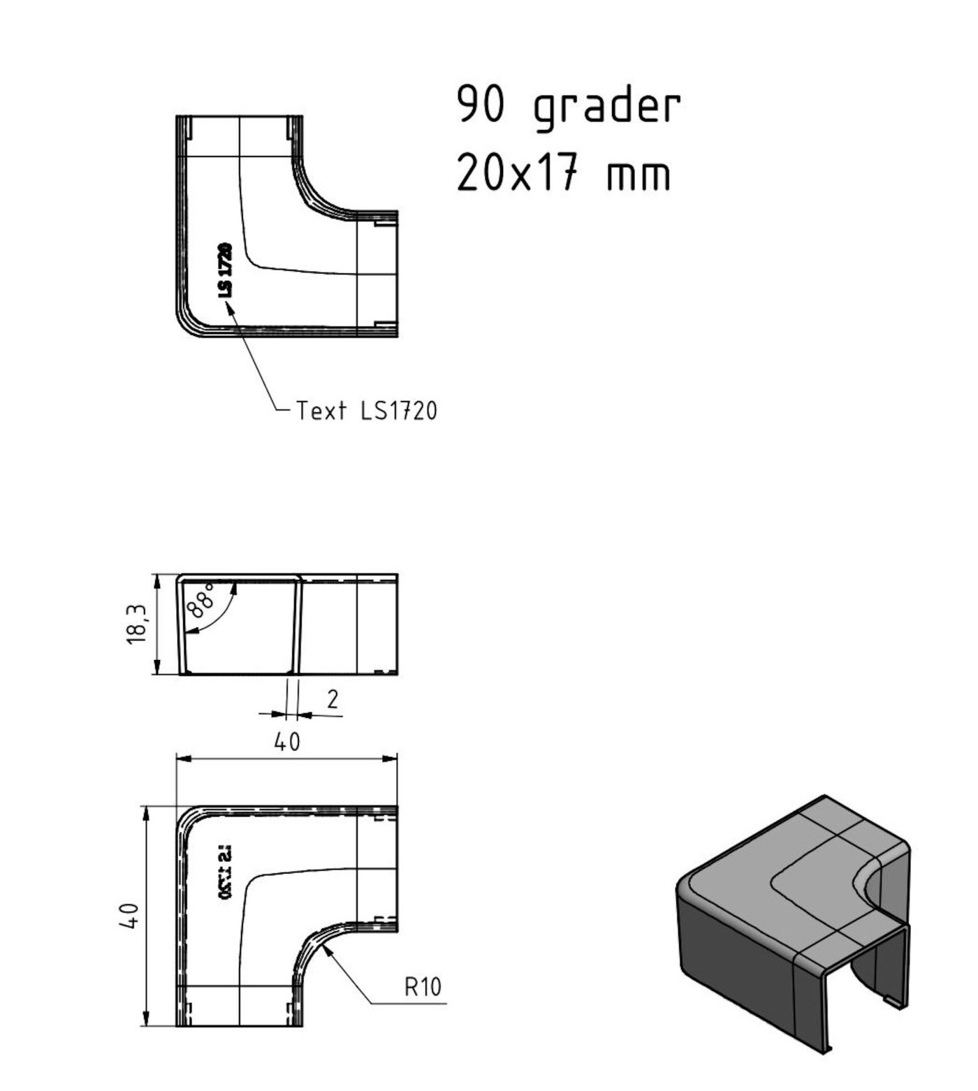 Vinkel for kabelkanal 20x17 mm