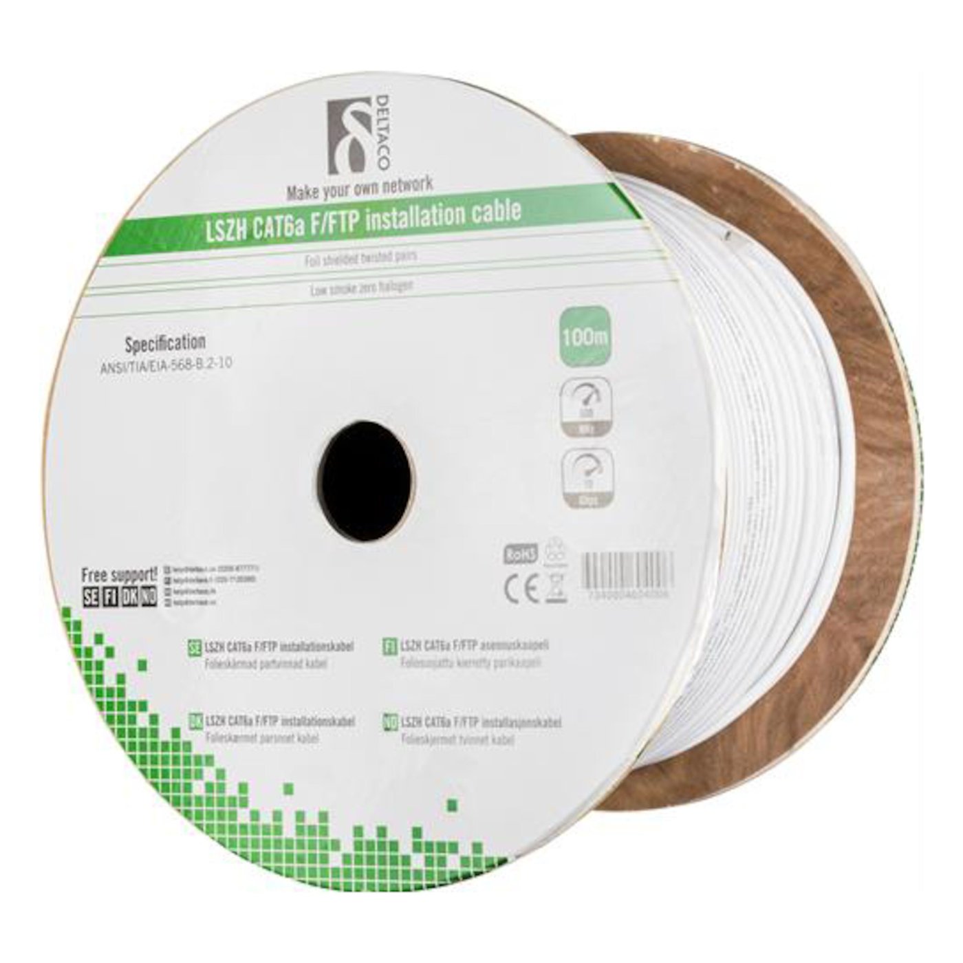 Solid F/FTP-nettverkskabel Cat. 6a Hvit 100 m