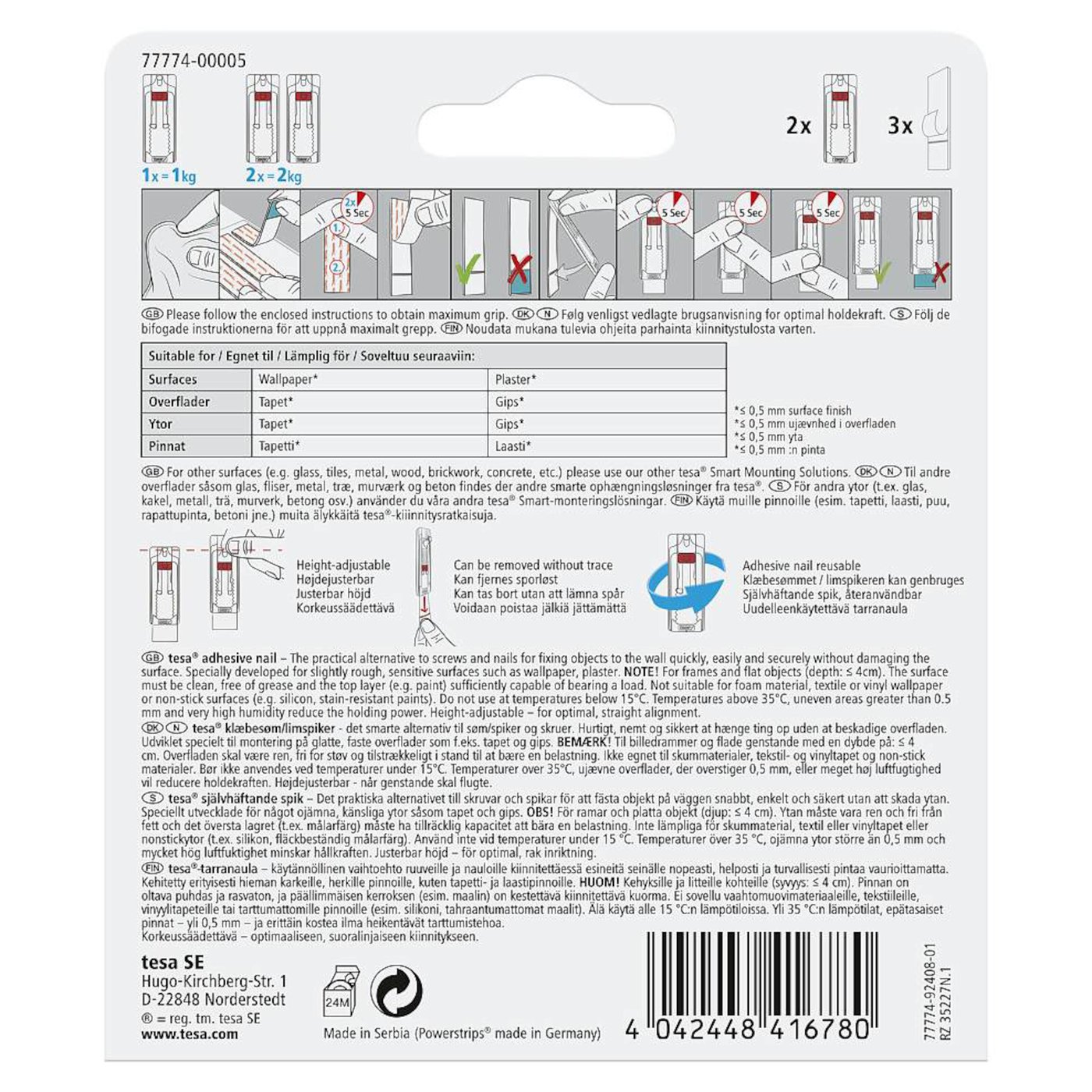 Tesa Justerbar limspiker for tapet og gips 1 kg 2-pk.