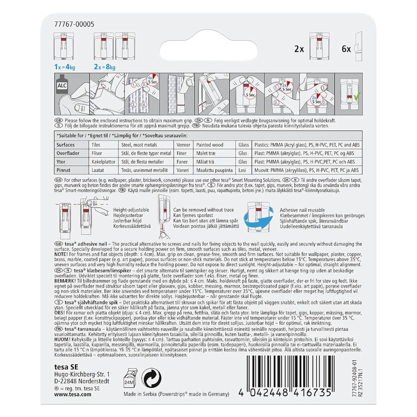 Tesa Justerbar limspiker for kakkel og metall 4 kg 2-pk.