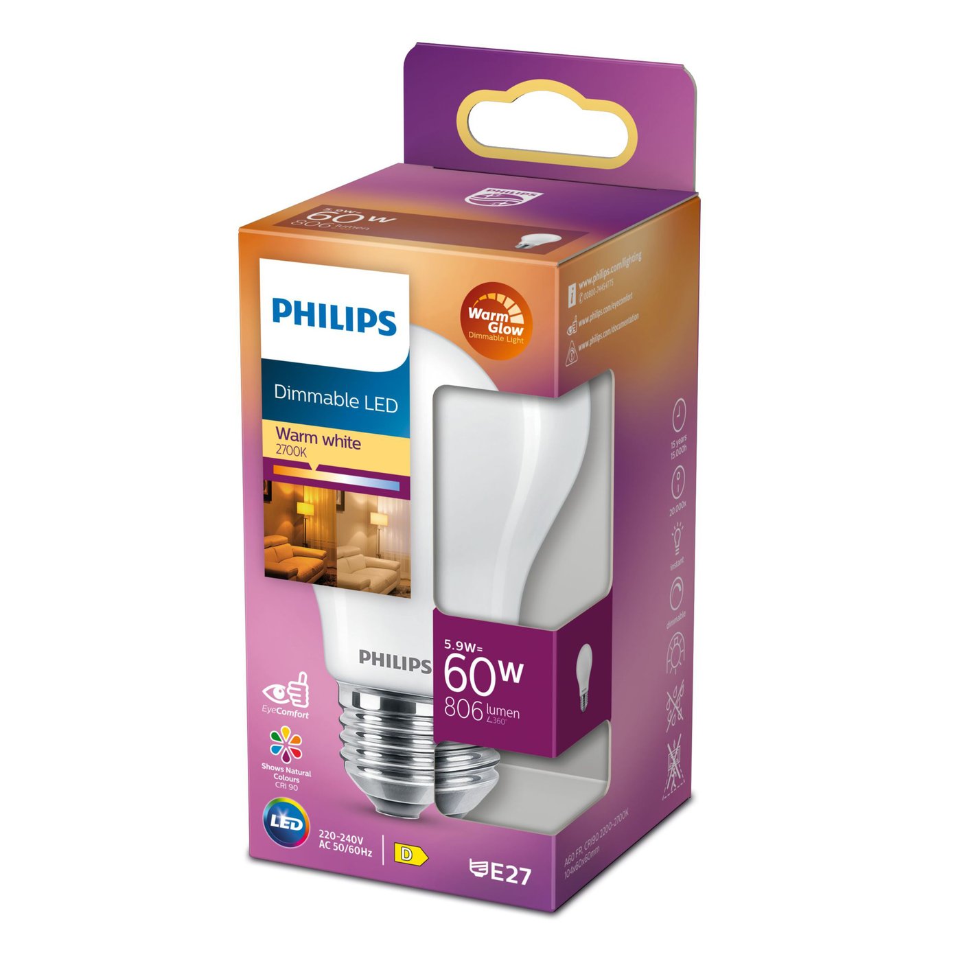 Philips Dimbar LED-lampa E27 806 lm
