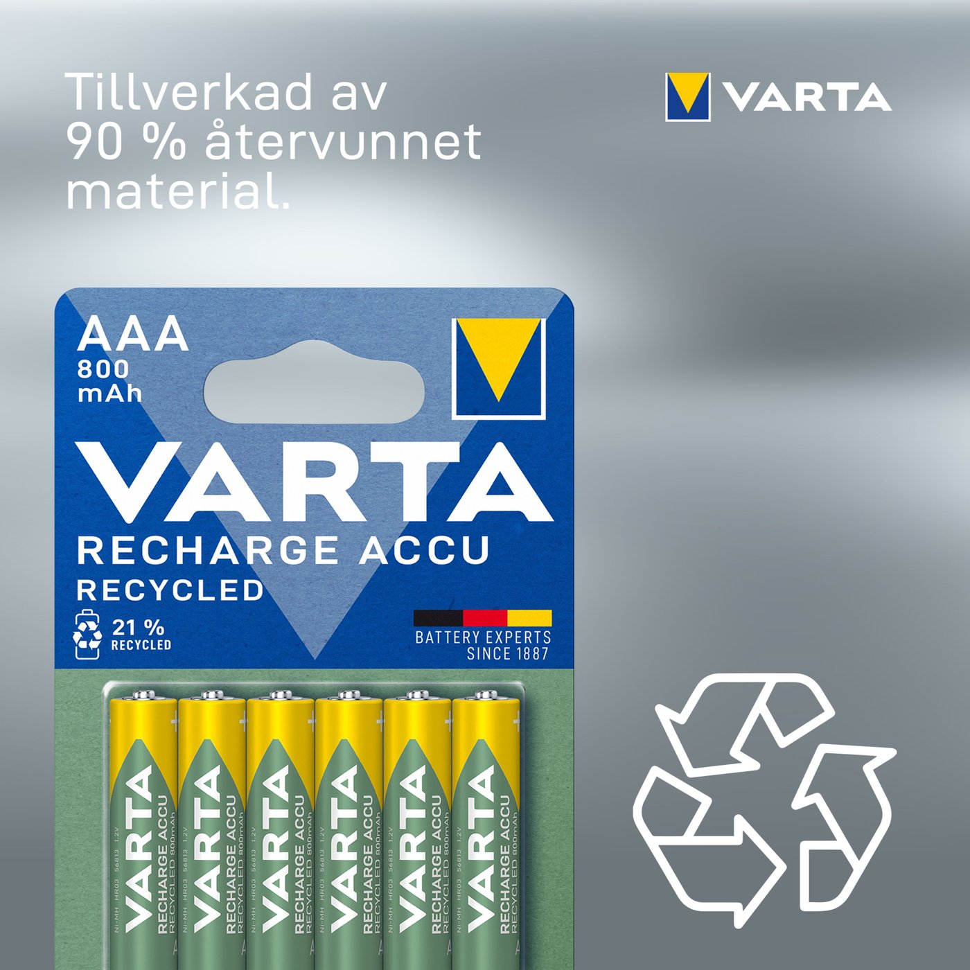 Varta Recharge Recycled AAA-batterier 800 mAh 6-pack