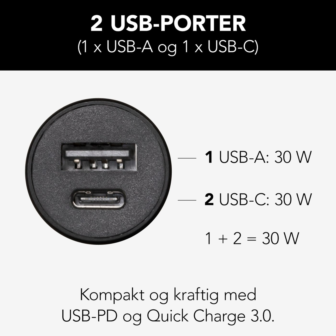Linocell USB-billader med USB-C- og A-port