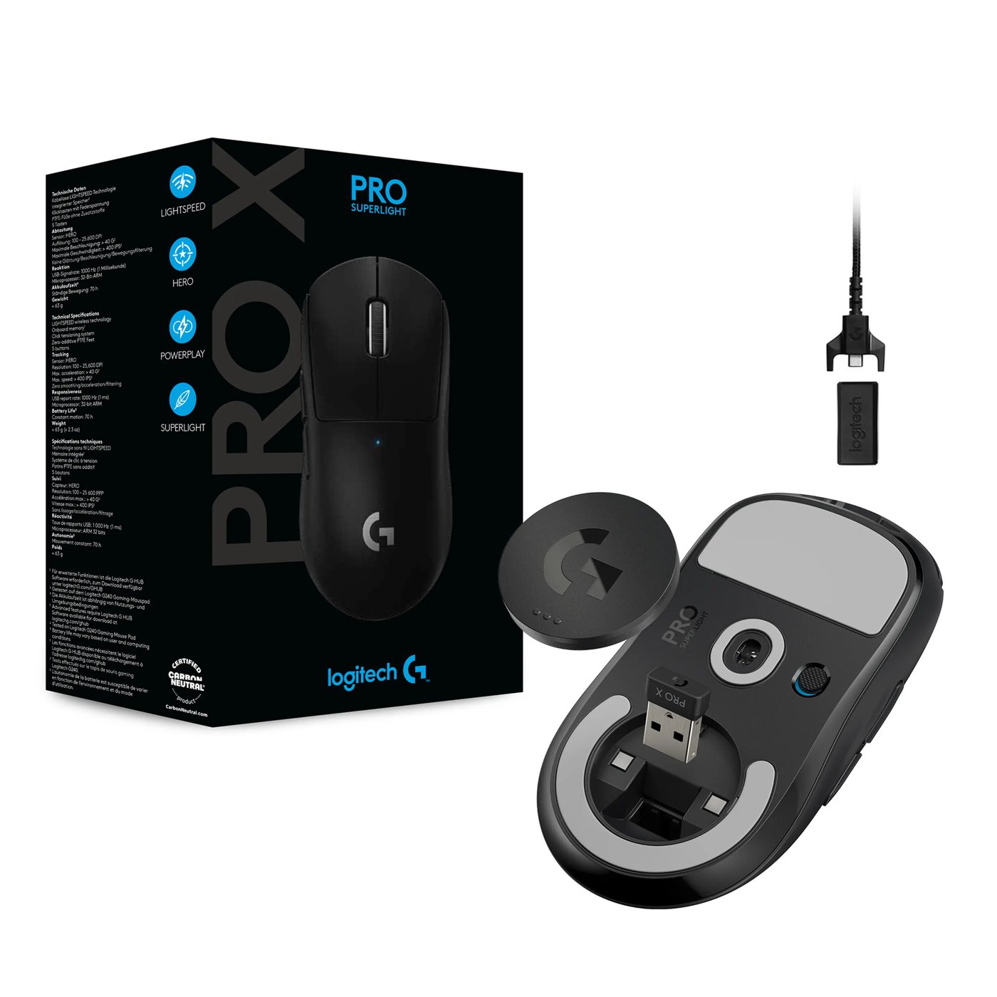 Logitech G Pro X Superlight Trådlös gaming-mus Svart