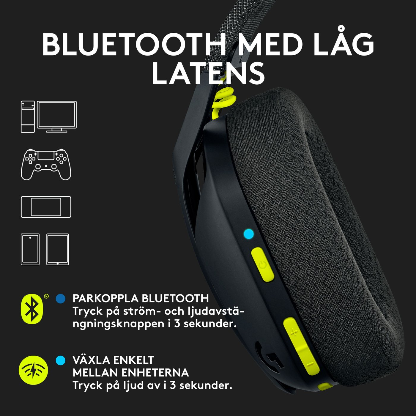 Logitech G 435 Lightspeed Trådlöst gaming-headset Svart & Neongul