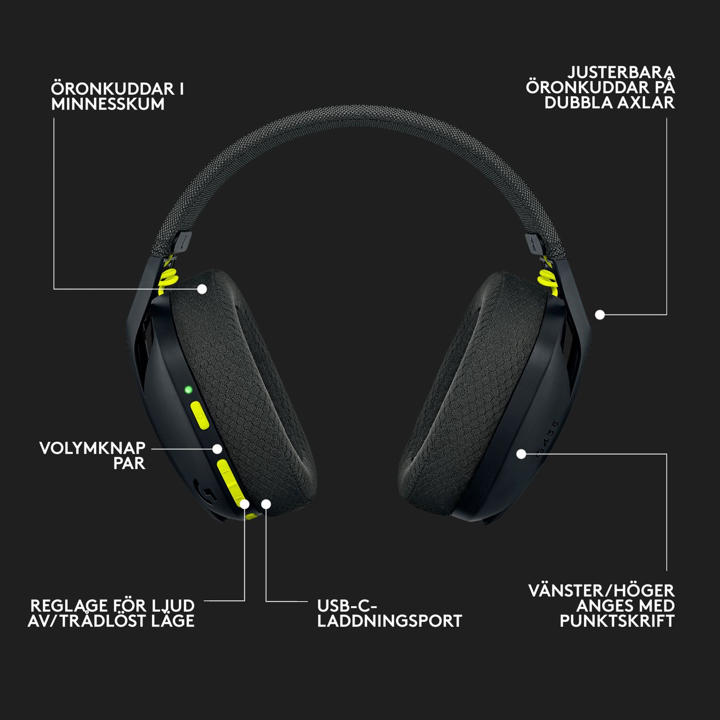 Logitech G 435 Lightspeed Trådlöst gaming-headset Svart & Neongul