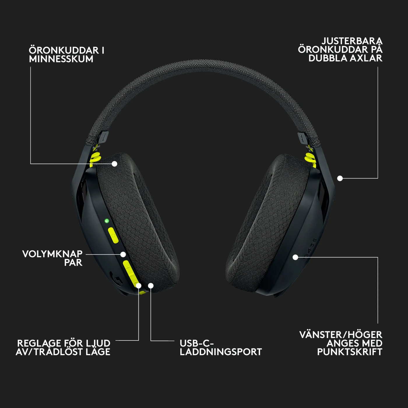 Logitech G 435 Lightspeed Trådlöst gaming-headset Svart & Neongul