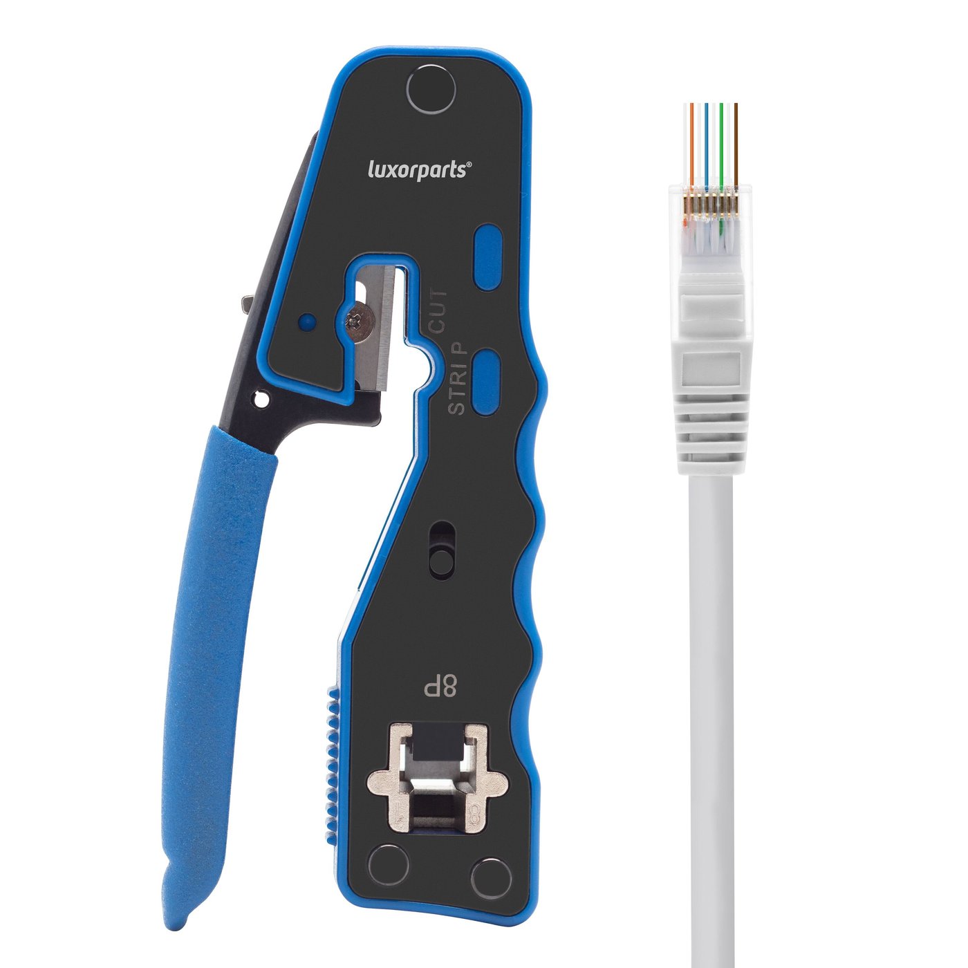 Luxorparts Krympetang med klippe- og dekselfunksjon for RJ45-kontakter