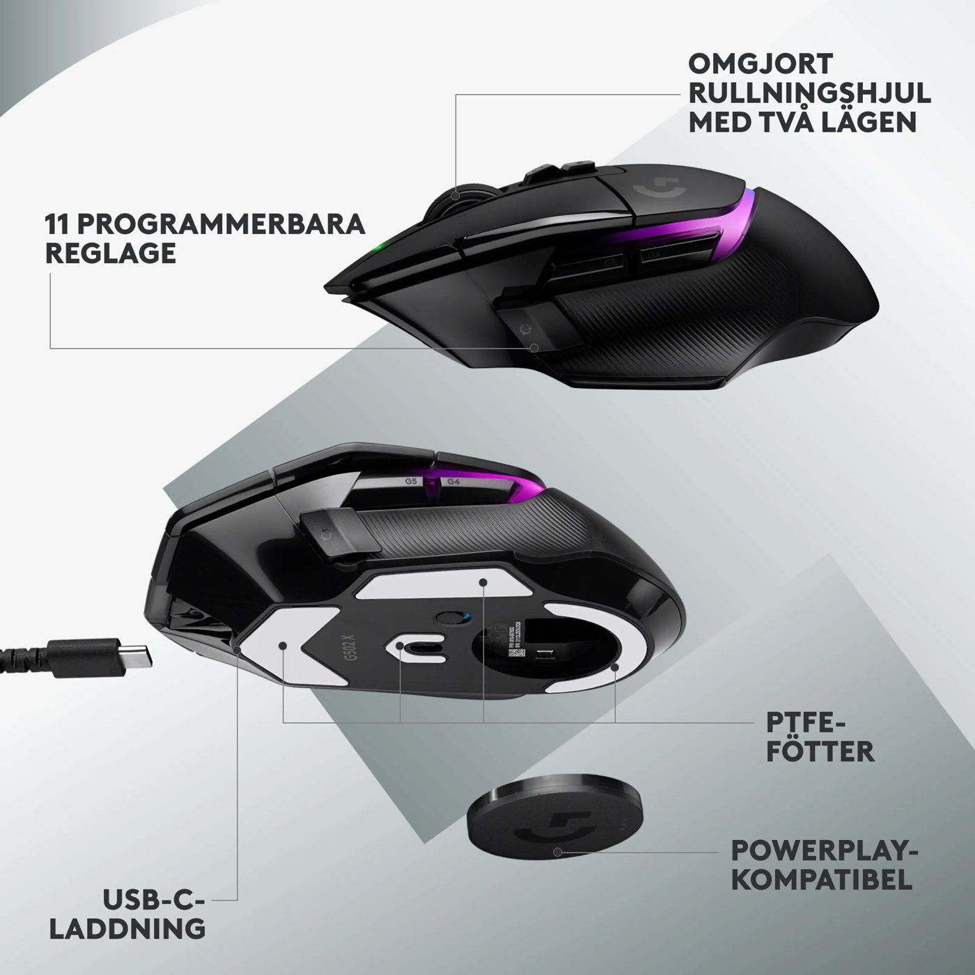 Logitech G 502 X Plus Trådlös gamingmus Svart
