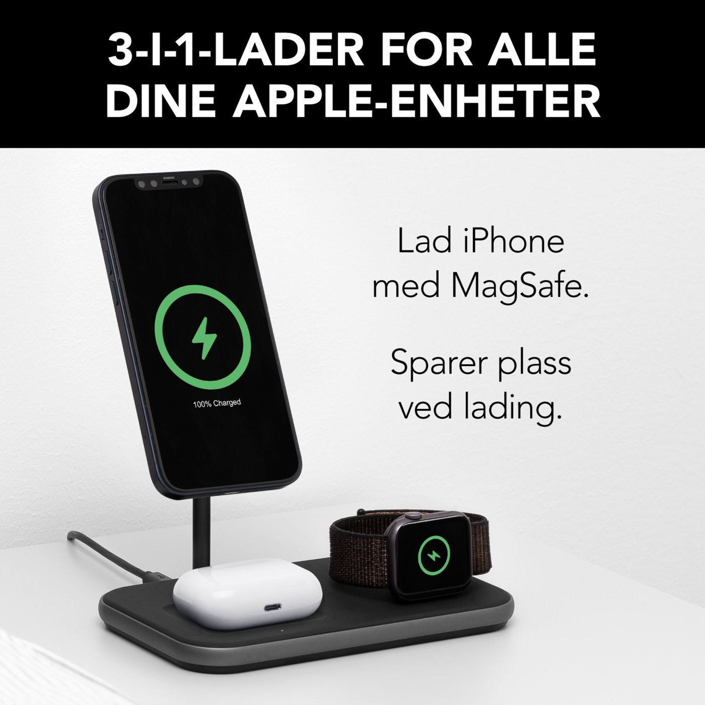 Linocell Premium 3-i-1-ladestasjon med MagSafe-kompabilitet