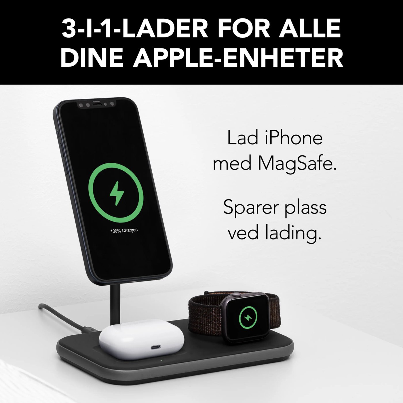 Linocell Premium 3-i-1-ladestasjon med MagSafe-kompabilitet