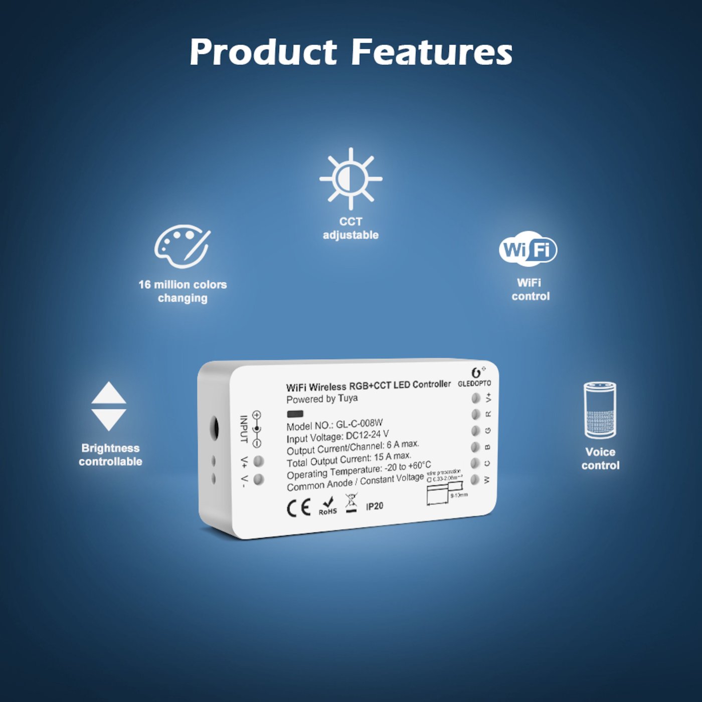 Gledopto RGB+CCT Wifi-kontroller for LED-list