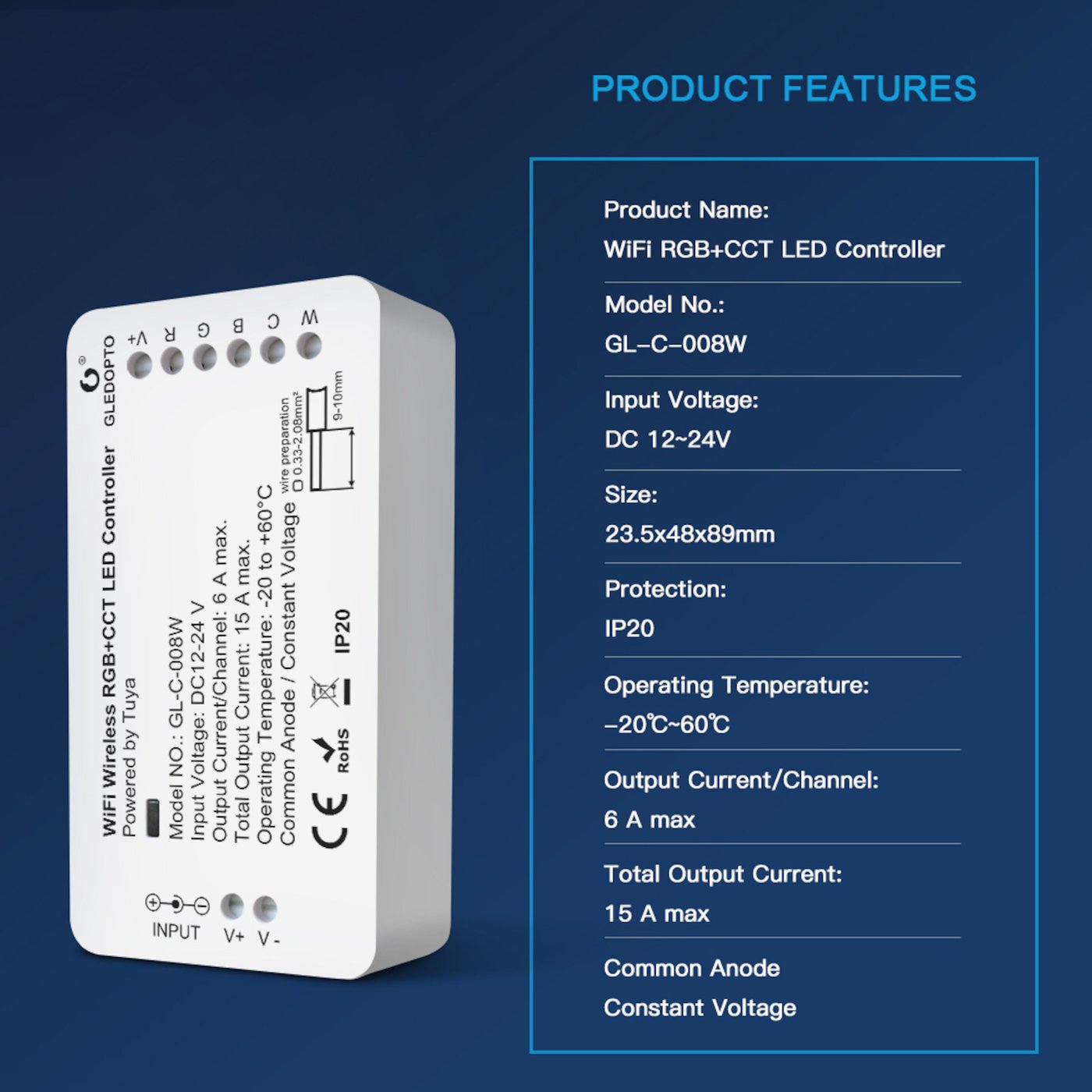 Gledopto RGB+CCT Wifi-kontroller for LED-list