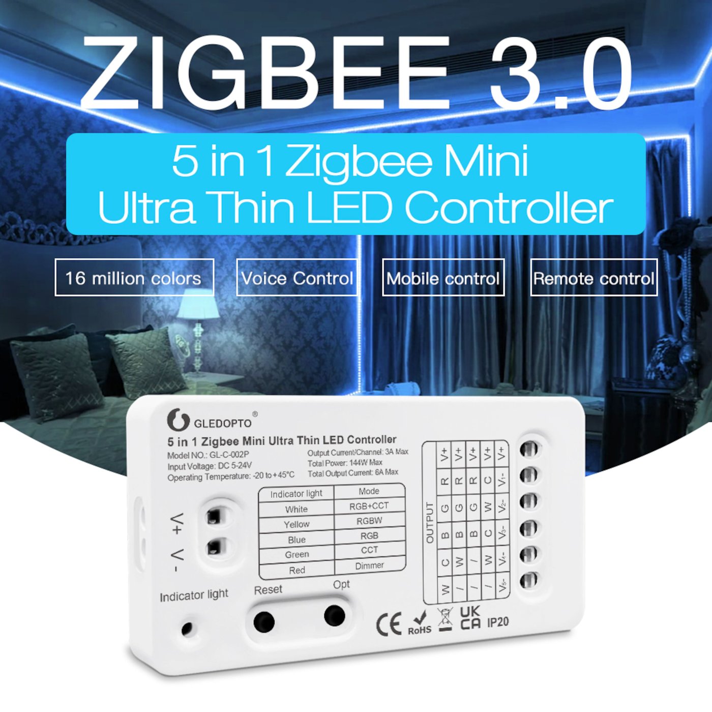 Gledopto 5 in 1 Mini Zigbee-kontroller for LED-belysning