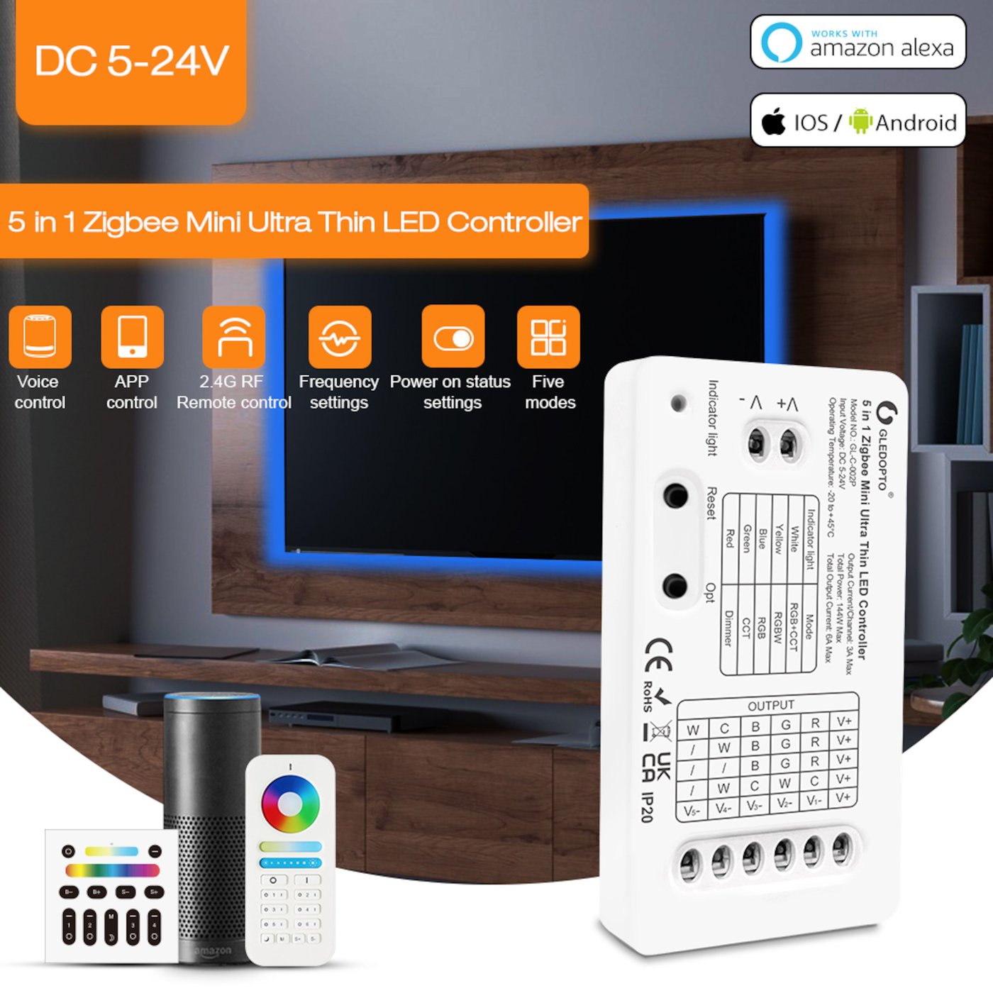 Gledopto 5 in 1 Mini Zigbee-kontroller for LED-belysning