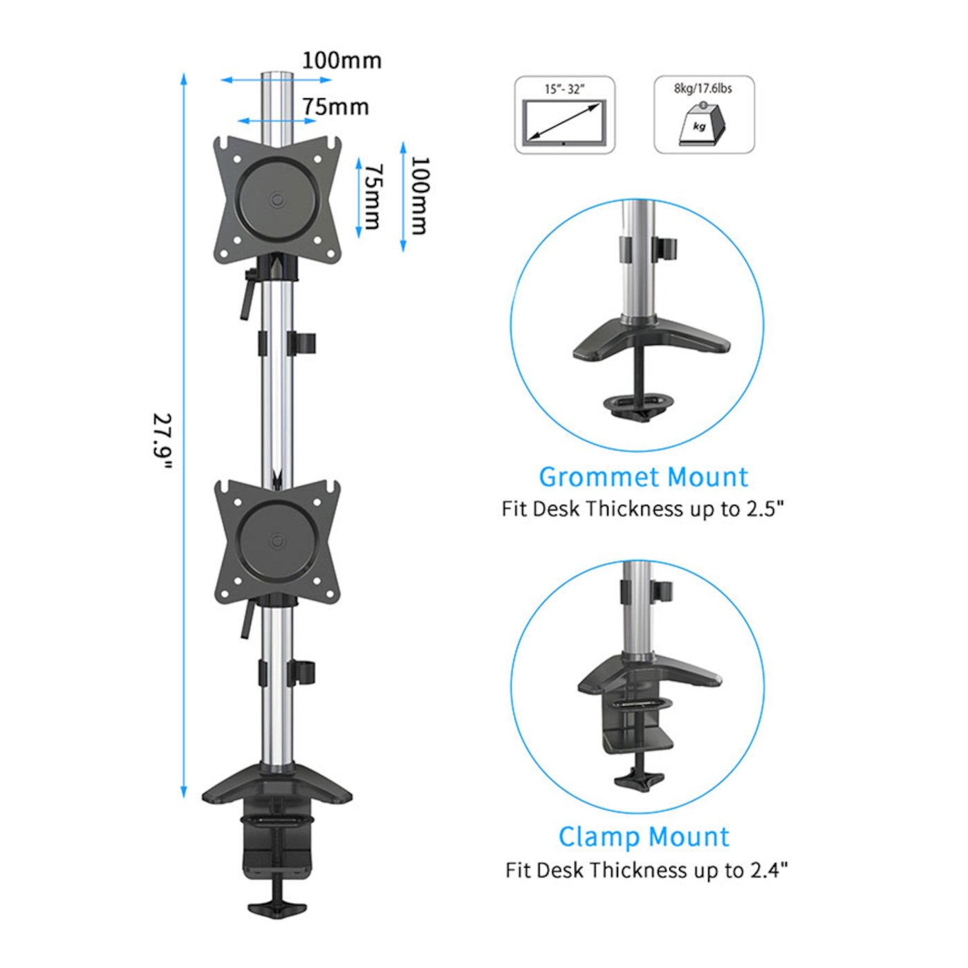 Plexgear Bordsfäste med 2 armar för skärmar på 15-27”