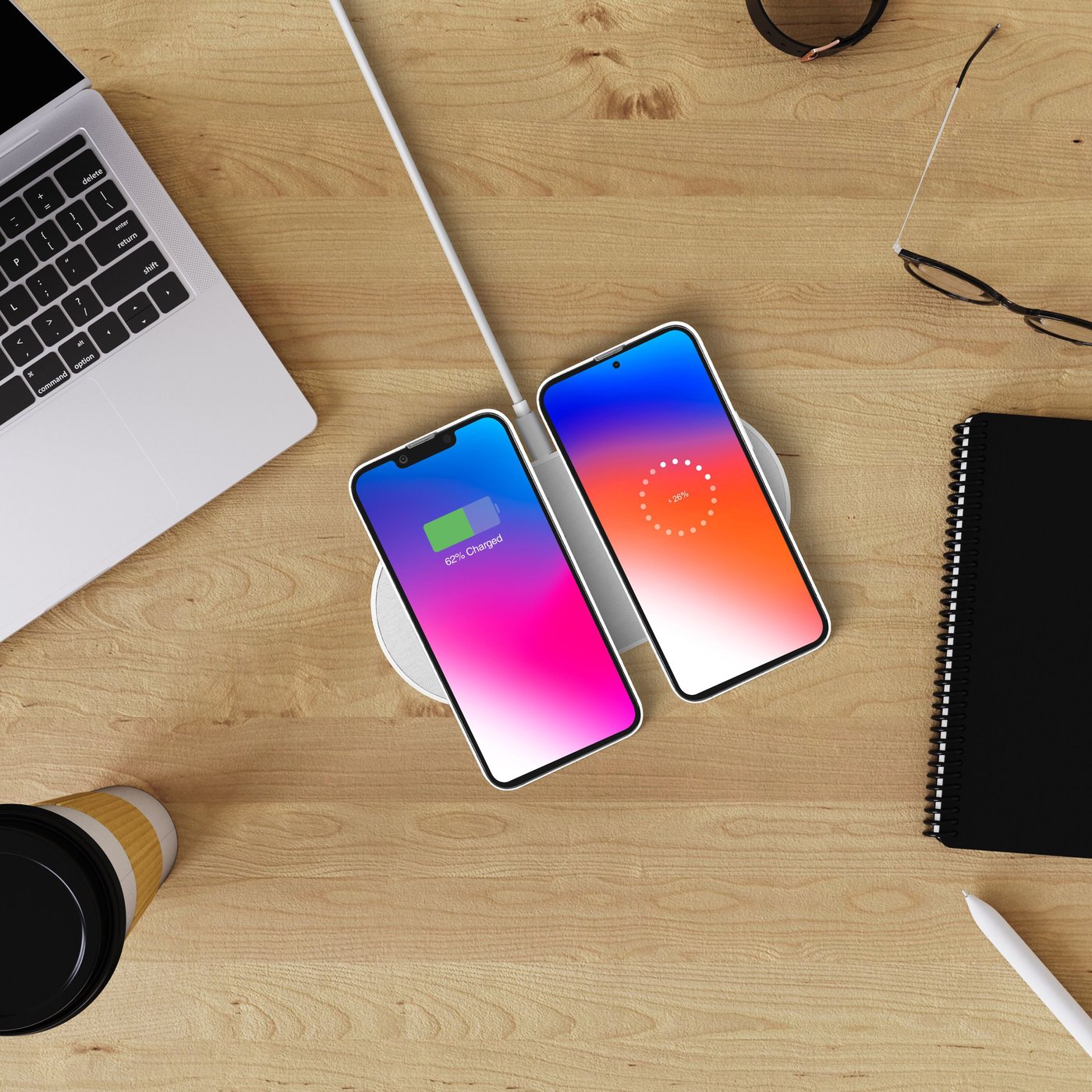 Linocell Dobbel trådløs QI-hurtiglader 15 W Hvit