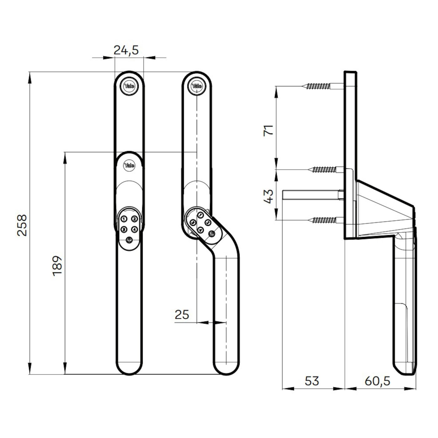 Yale Kodelås for balkongdør og vindu for høyre håndtak