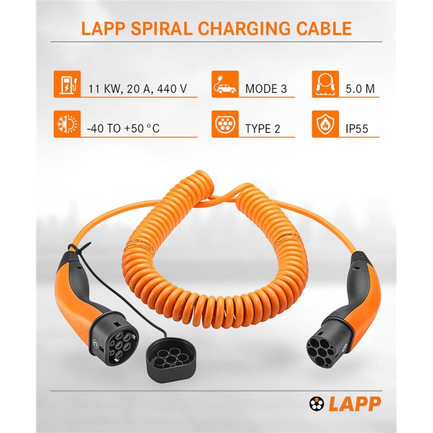 Ladekabel for elbil 11 kW - spiralkabel 5 m